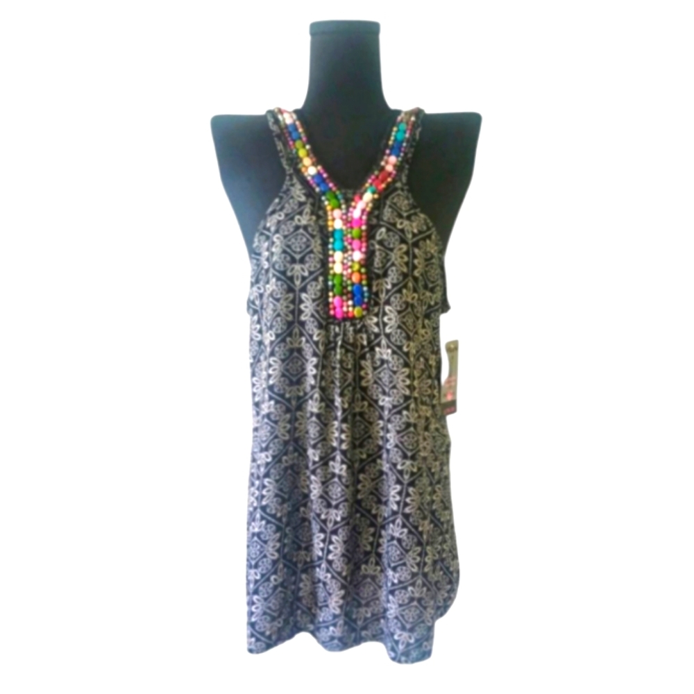 Universal Fashion Black Printed Tank with Colorful Beaded Collar